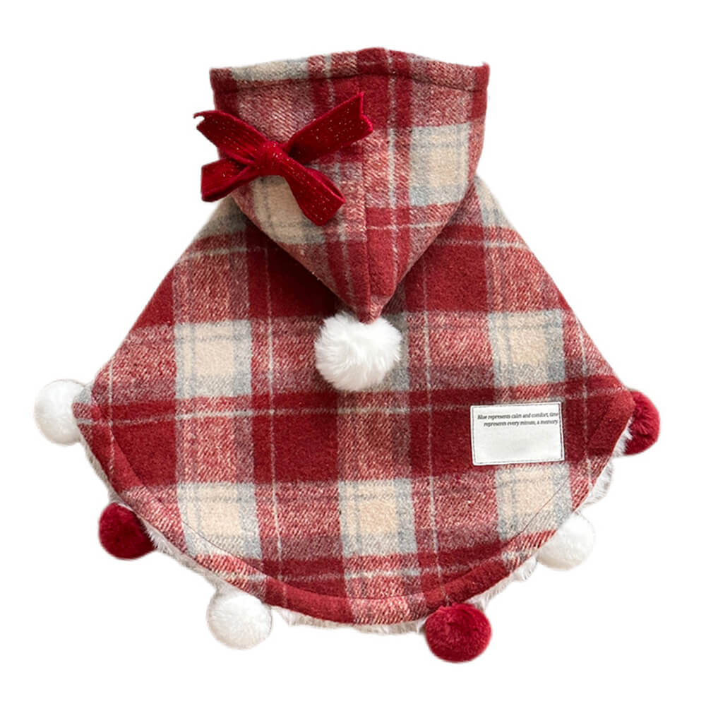 Christmas Plaid Faux Mink Fur Hooded Pom Pom Dog & Cat Cape