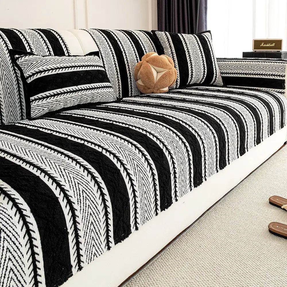 Color-Blocked Striped Chenille Non-Slip Couch Cover - Suitable For All Seasons