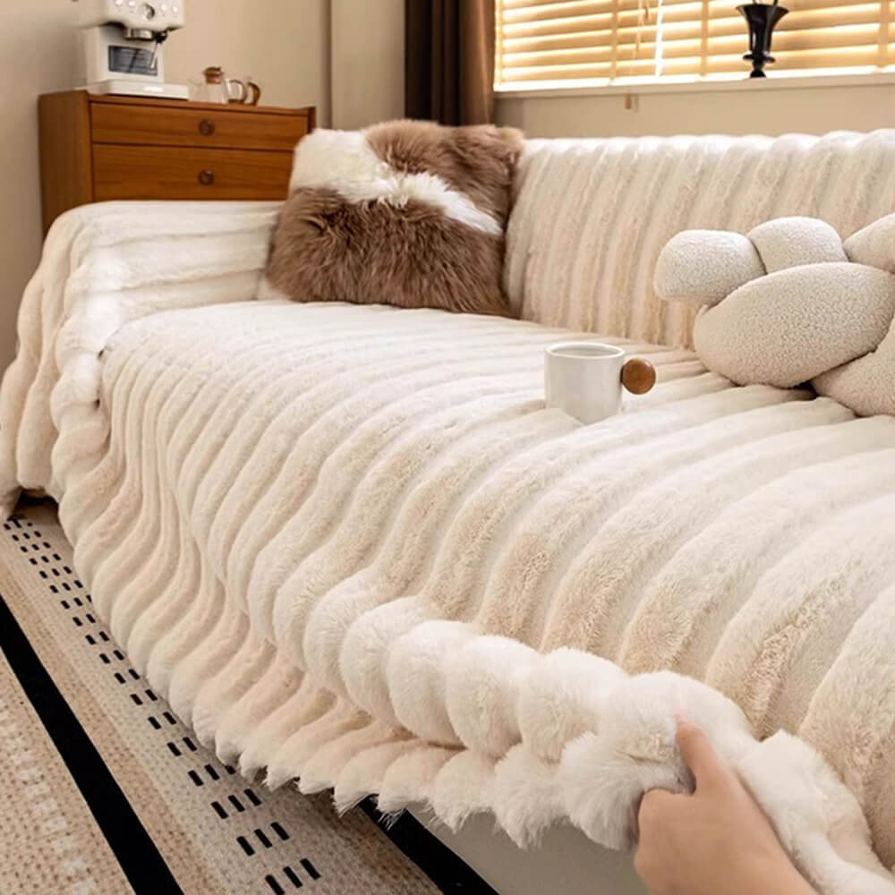 Cream Wide-Striped Faux Rabbit Fur One Piece Full Coverage Couch Cover