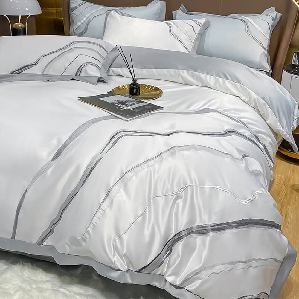 Embroidered Marble Pattern Ice Silk Cooling Bed Sheet Set