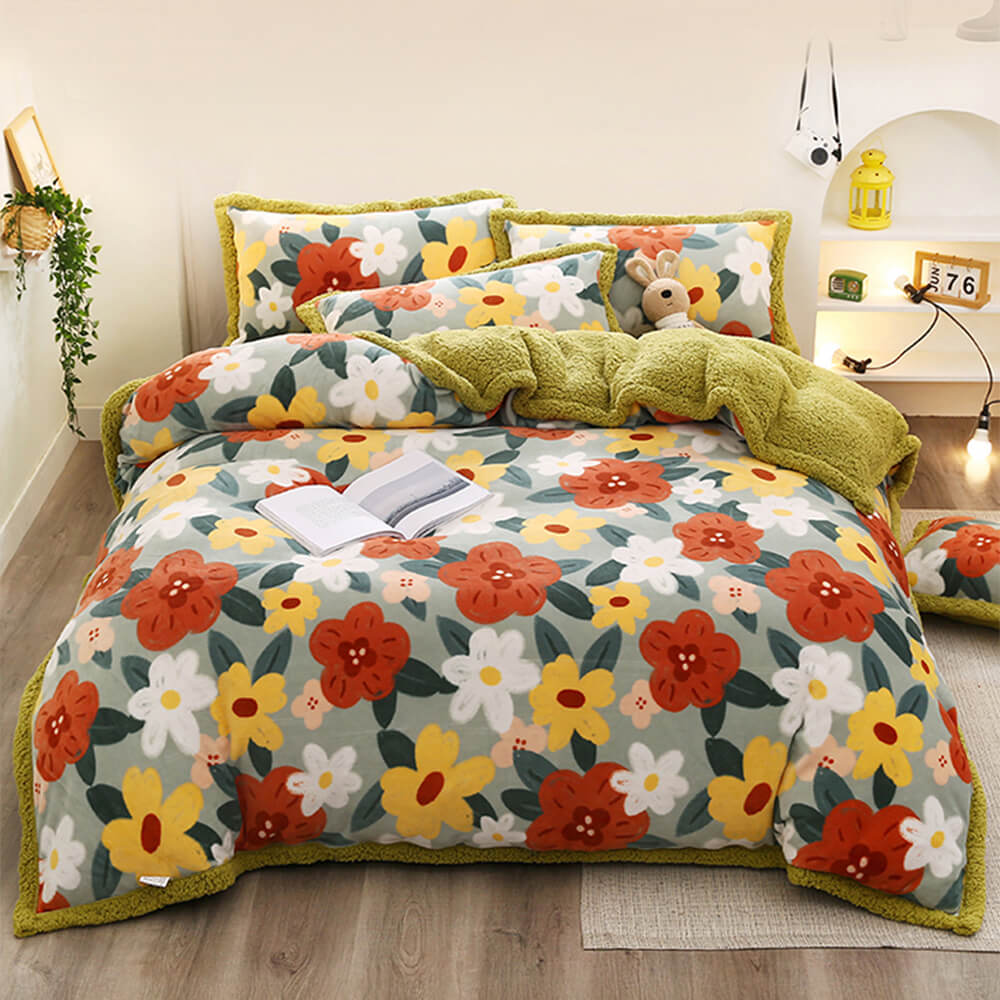 Floral Print Milk Velvet & Sherpa Double-Sided Bed Sheet Set