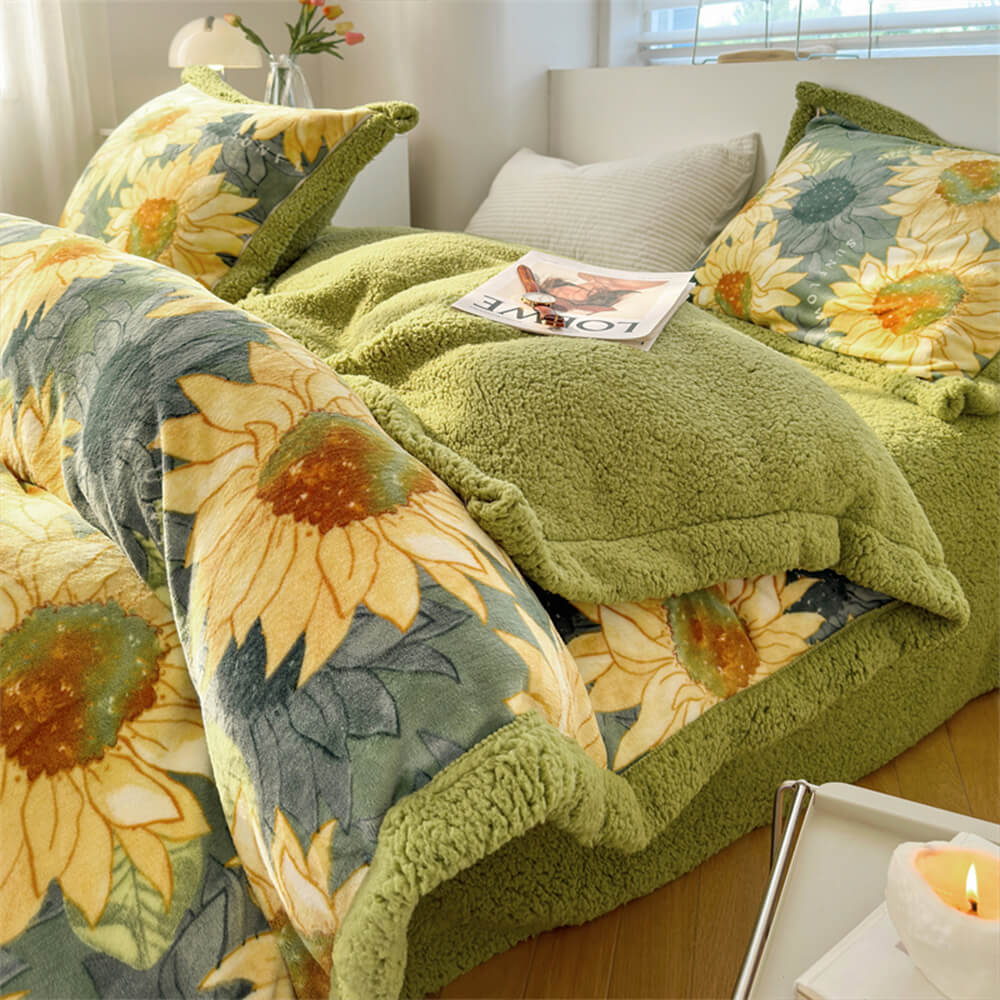 Floral Print Milk Velvet & Sherpa Double-Sided Bed Sheet Set