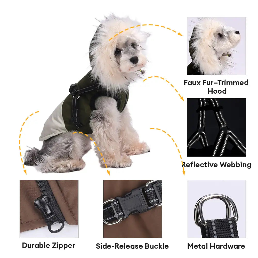 Fur-Trim Hooded Warm Dog Coat with Leash Buckle