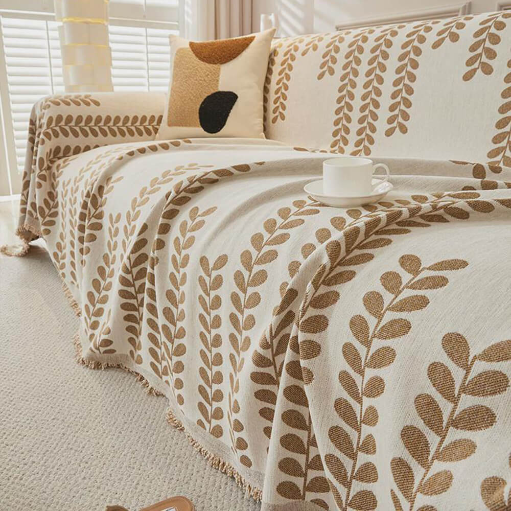 Leaf Stripe Chenille Fabric Fringe Decoration Couch Cover