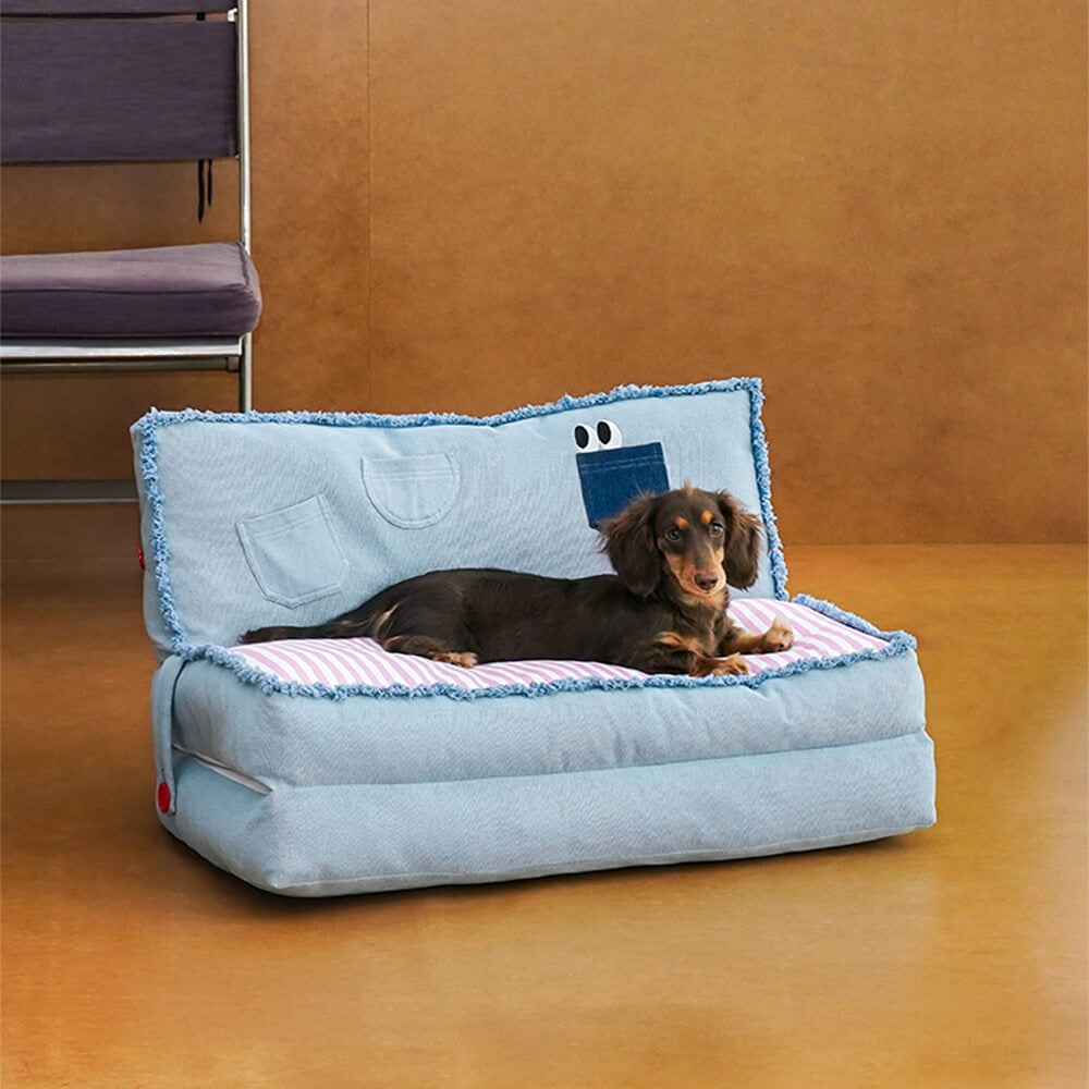 Canapé-lit multifonctionnel spacieux et pliable en denim pour chien et chat