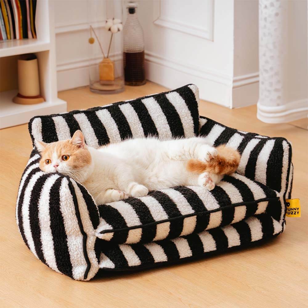 Trendy Striped Faux Lambswool Double Layer Cat Couch Sofa Bed