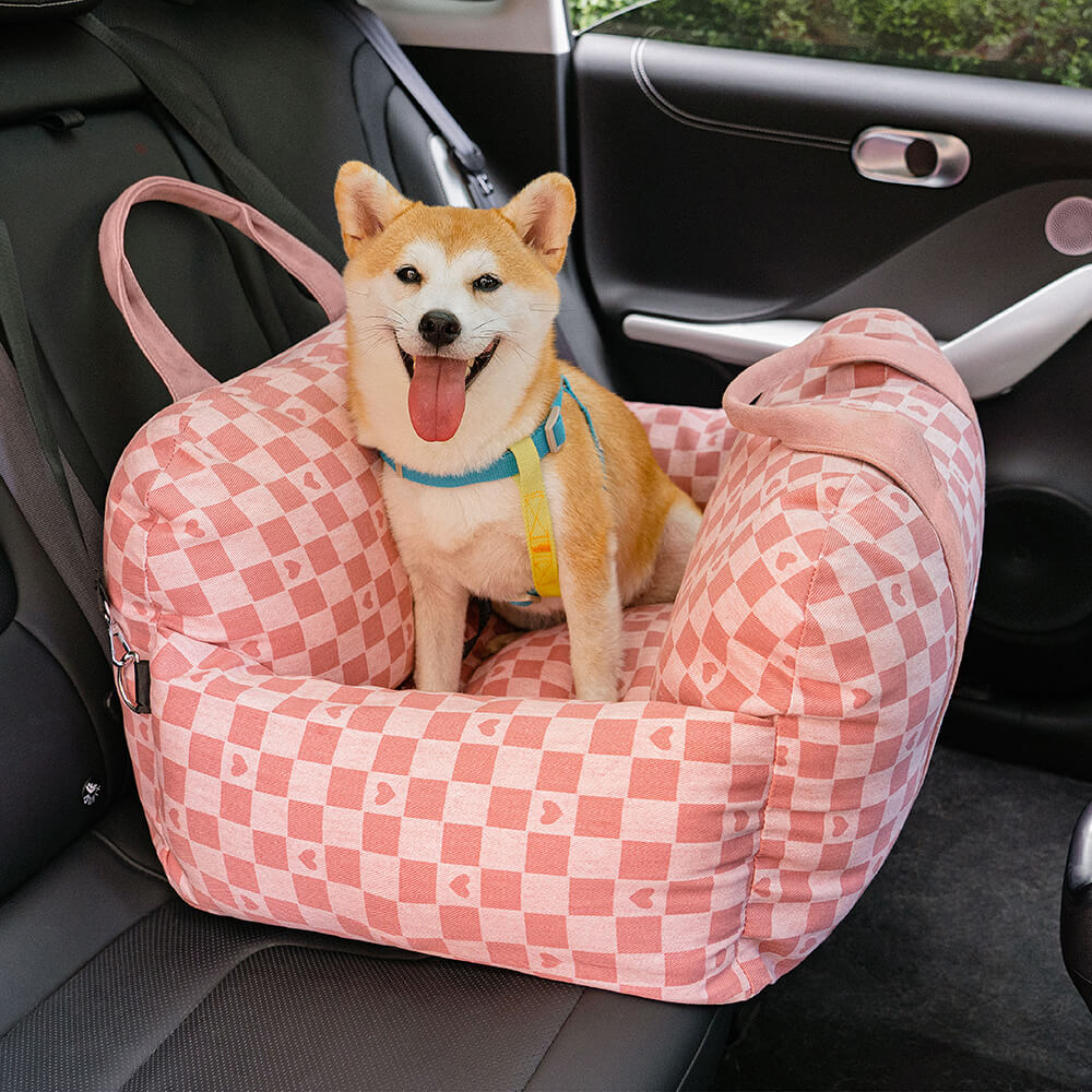 Cama para asiento de coche para perro con diseño de tablero de ajedrez y corazón vintage