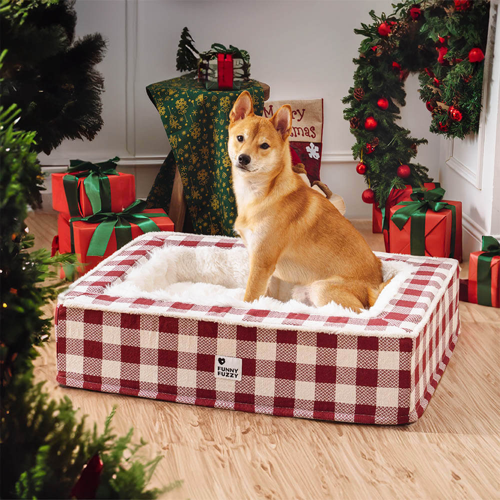 Festive Classic Tartan Cozy Dog Anti-Anxiety Calming Bed