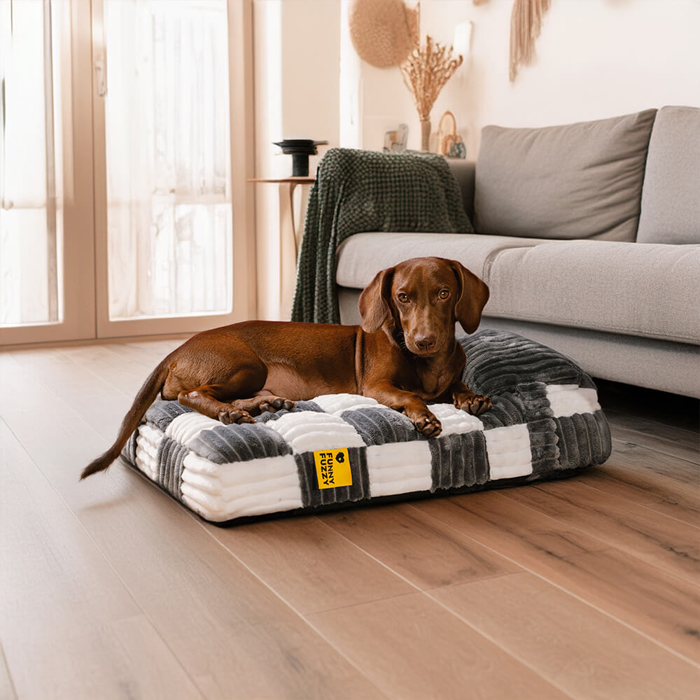 Cama ortopédica para perros con soporte de tablero de ajedrez de felpa hecha a mano con almohada