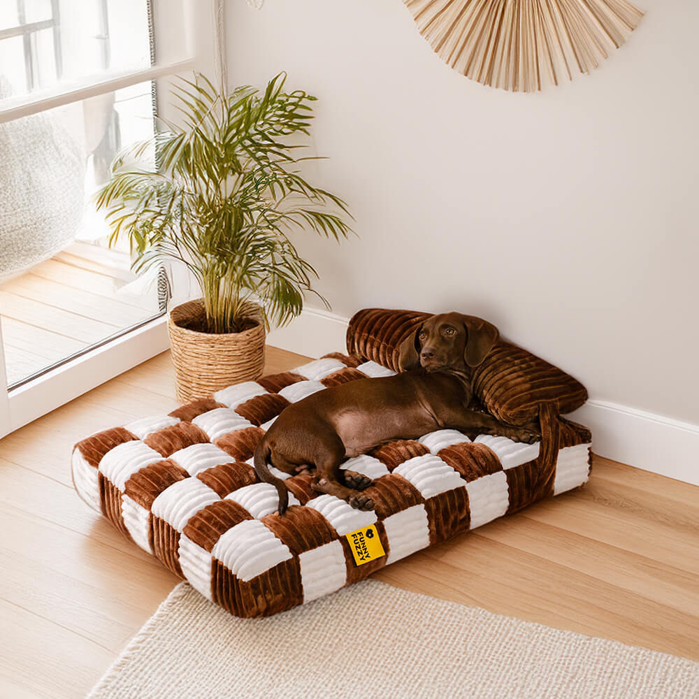 Cama ortopédica para perros con soporte de tablero de ajedrez de felpa hecha a mano con almohada