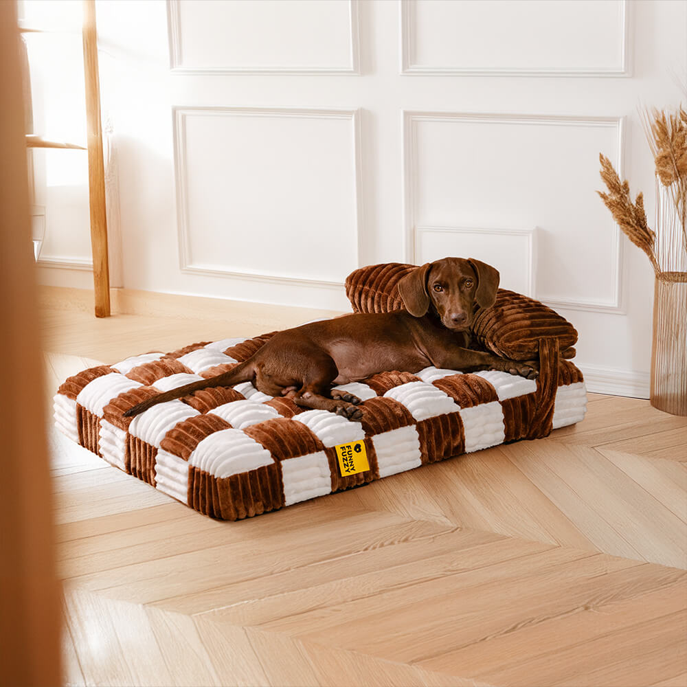 Cama ortopédica para perros con soporte de tablero de ajedrez de felpa hecha a mano con almohada