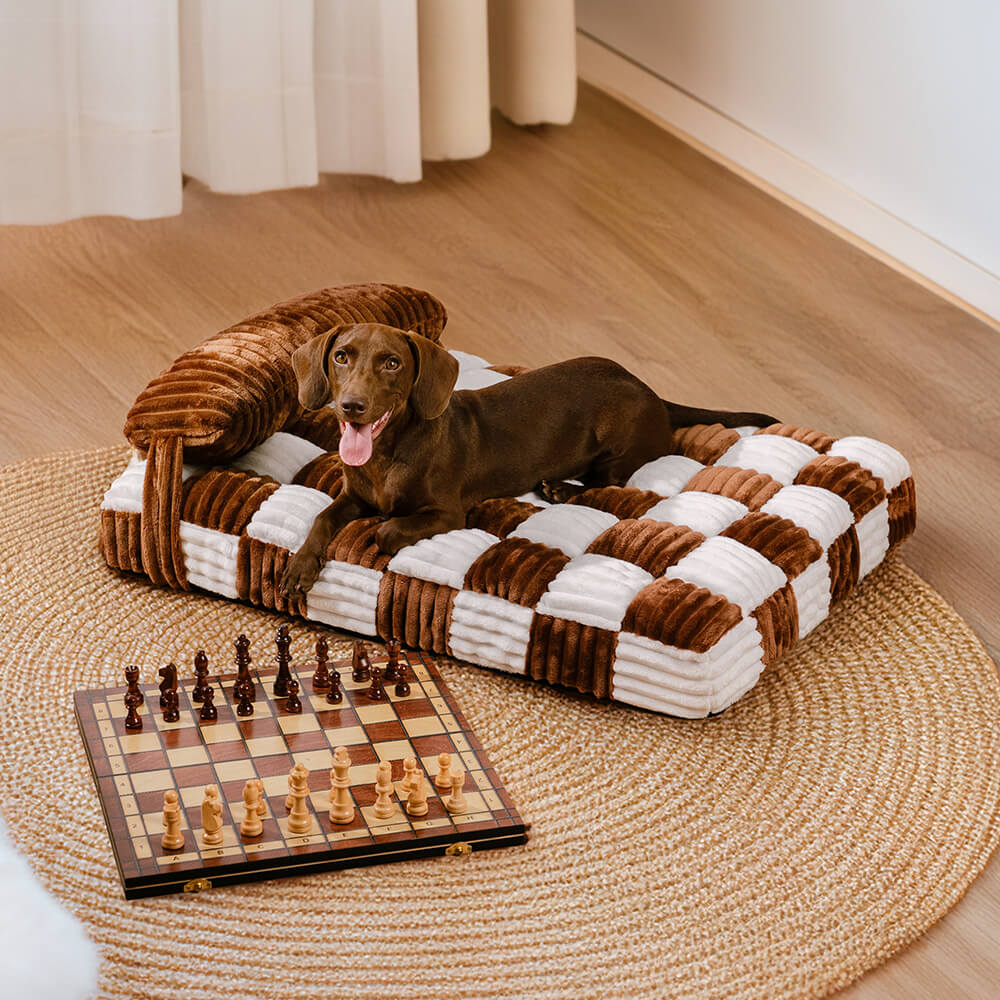 Cama ortopédica para perros con soporte de tablero de ajedrez de felpa hecha a mano con almohada