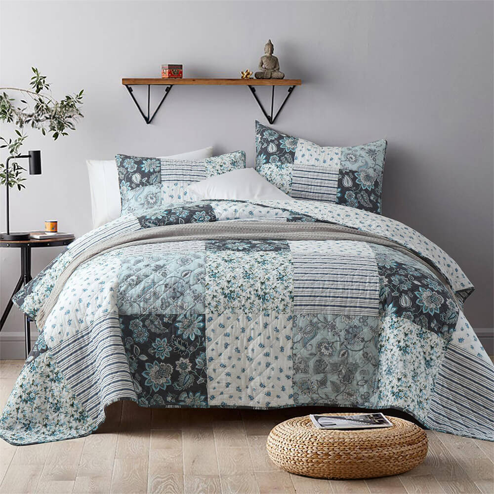 Chic Patchwork Floral Soft Bedspread Cotton Reversible Bed Sheet Set