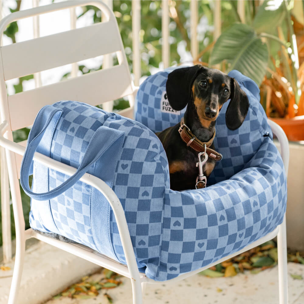 Cama para asiento de coche para perro con diseño de tablero de ajedrez y corazón vintage