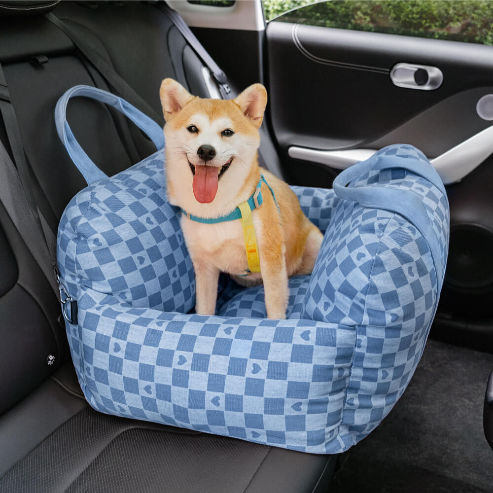 Cama para asiento de coche para perro con diseño de tablero de ajedrez y corazón vintage