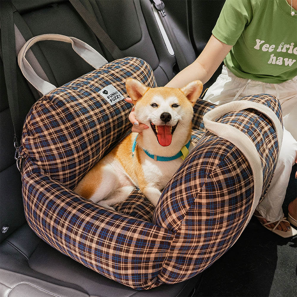 Vintage Plaid Travel Safety Dog Car Seat Bed