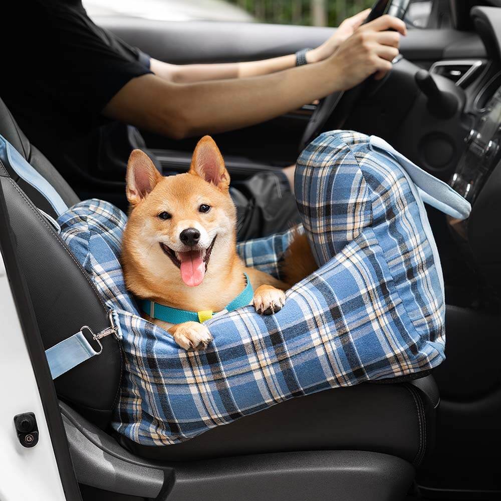 Cama con asiento de coche para perros de seguridad de viaje a cuadros vintage