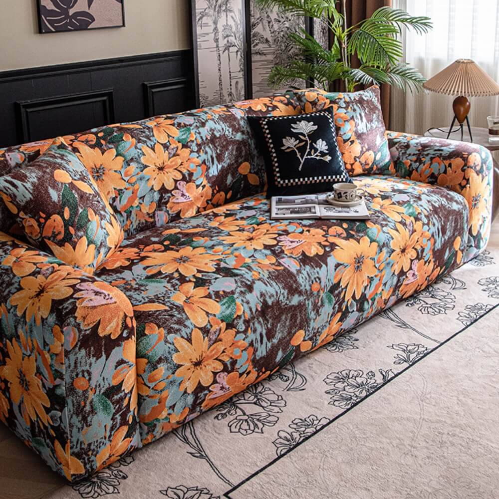 Garden Floral Polar Fleece Sofa Protection Full Cover Stretch Magic Couch Cover