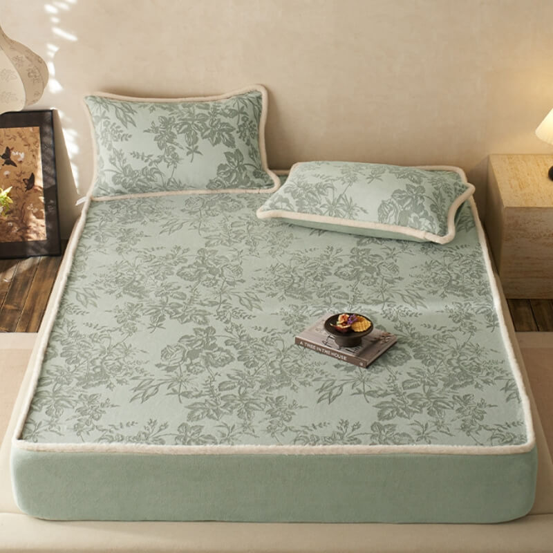 Gentle Carved Floral Cozy Milk Velvet Mattress Protector Fitted Sheet