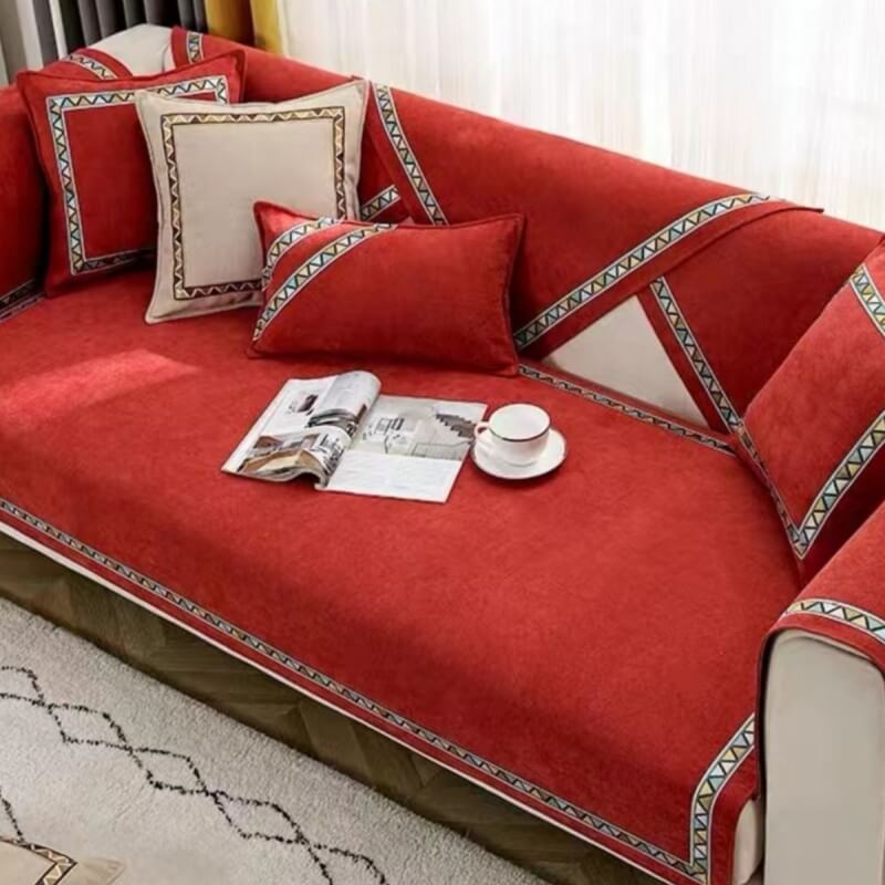 Housse de canapé confortable antidérapante en chenille de couleur unie à décor géométrique