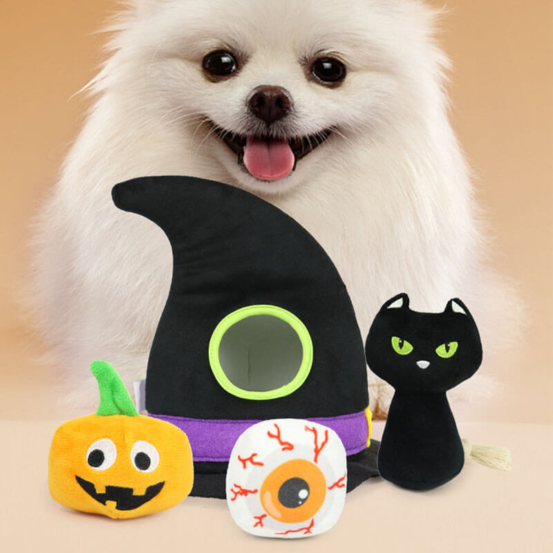 Halloween-Hexenhut, quietschender Kürbis, schwarze Katzenaugen, Hund, vierteiliges Spielzeug-Set