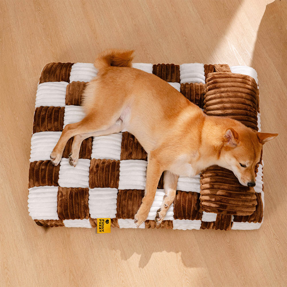 Handmade Plush Chessboard Orthopedic Support Dog Bed with Pillow