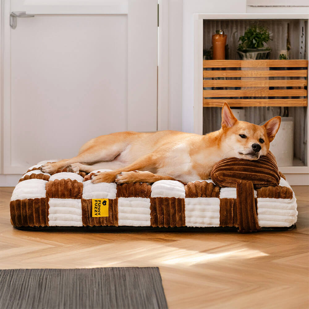 Cama ortopédica para perros con soporte de tablero de ajedrez de felpa hecha a mano con almohada