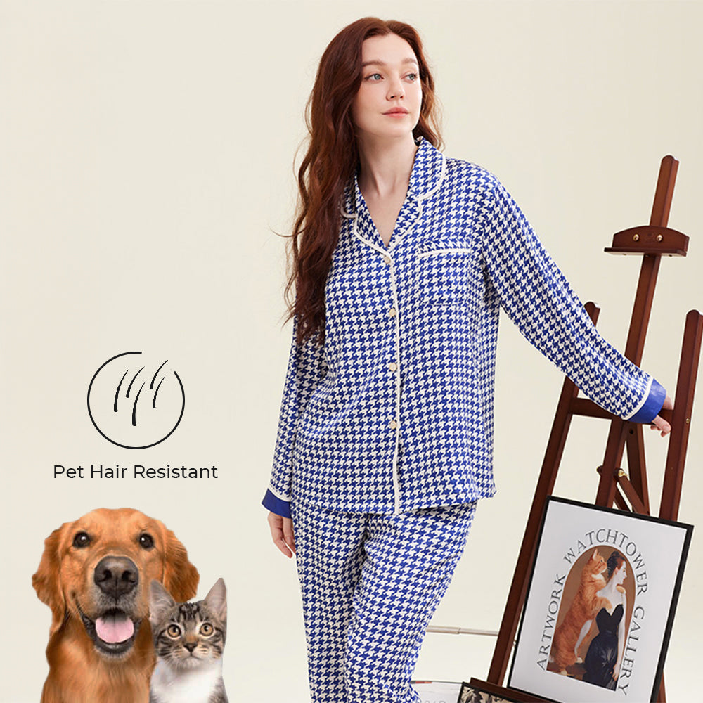 Houndstooth Print Ice Silk Long Sleeve Women's Pajama Set