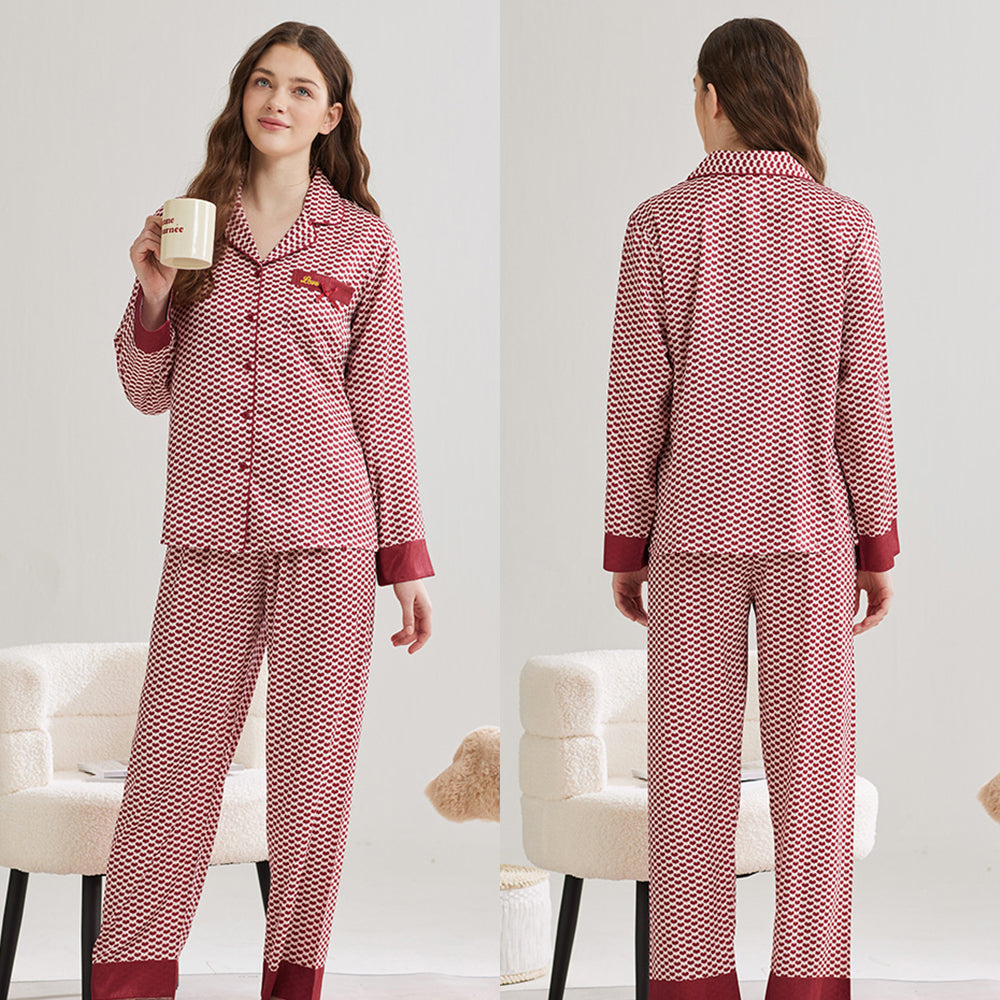 Houndstooth Print Ice Silk Long Sleeve Women's Pajama Set