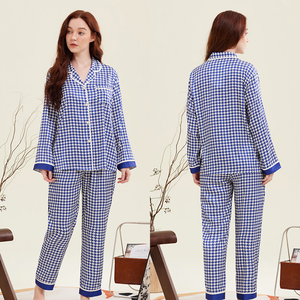 Houndstooth Print Ice Silk Long Sleeve Women's Pajama Set