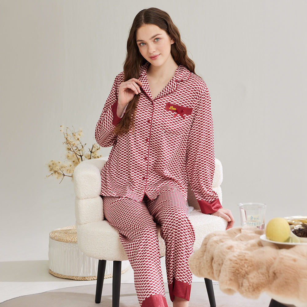 Houndstooth Print Ice Silk Long Sleeve Women's Pajama Set