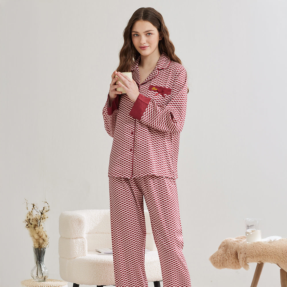 Houndstooth Print Ice Silk Long Sleeve Women's Pajama Set