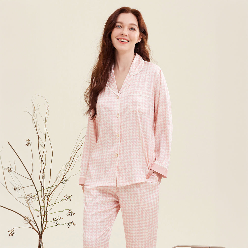 Houndstooth Print Ice Silk Long Sleeve Women's Pajama Set