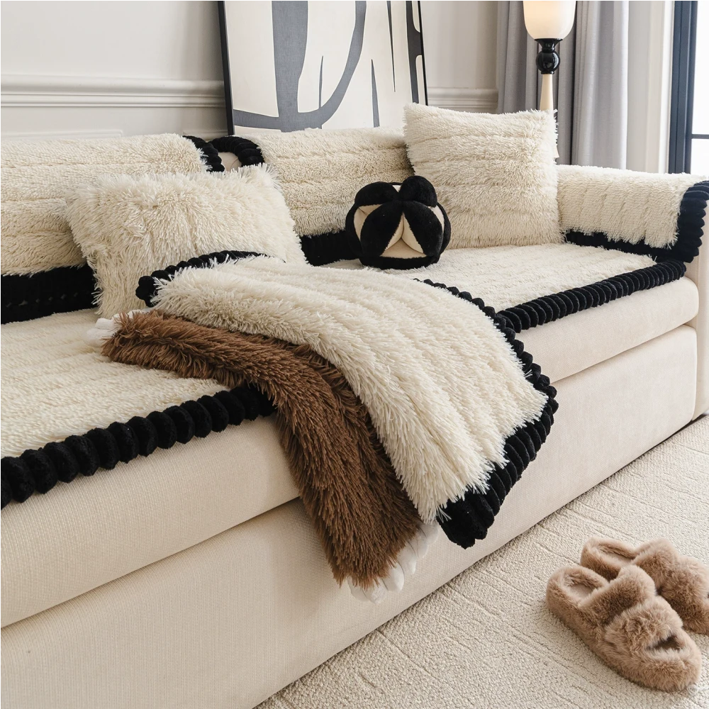 Luxury Fluffy Fluffy Plush engrosado cómodo cubierta de sofá sin deslizamiento