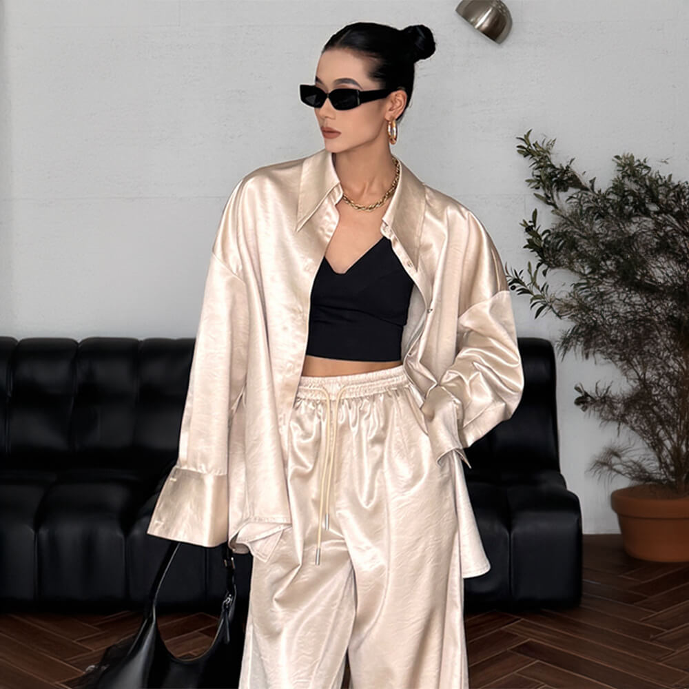 Luxury Satin Pleated Texture Women's Long Sleeve Shirt Set