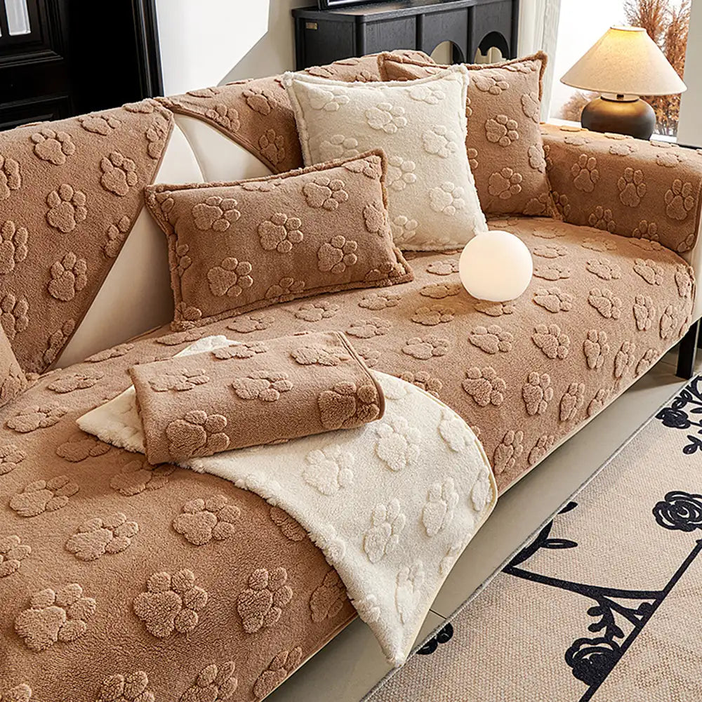 Paw Print Cute Plush Thick Sofa Decoration Non-slip Couch Cover