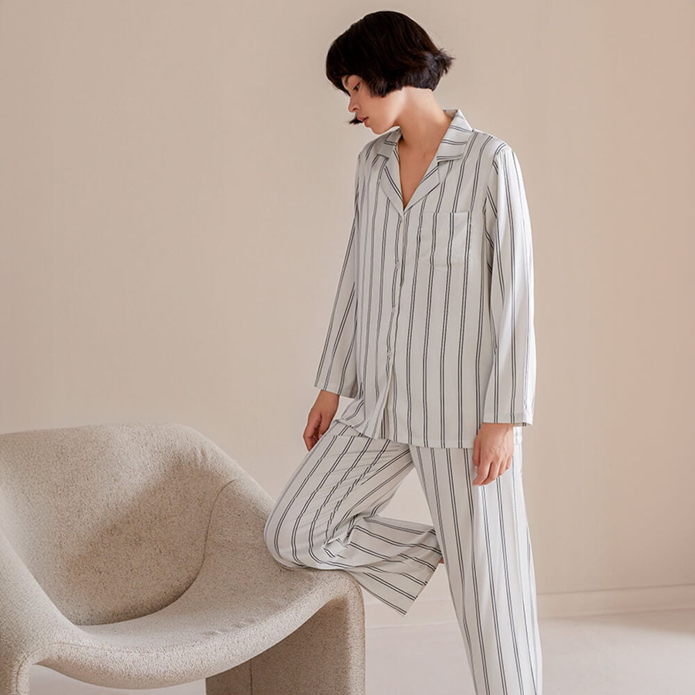 Striped Series Ice Silk Skin-Friendly Long Sleeve Couples Pajama Set