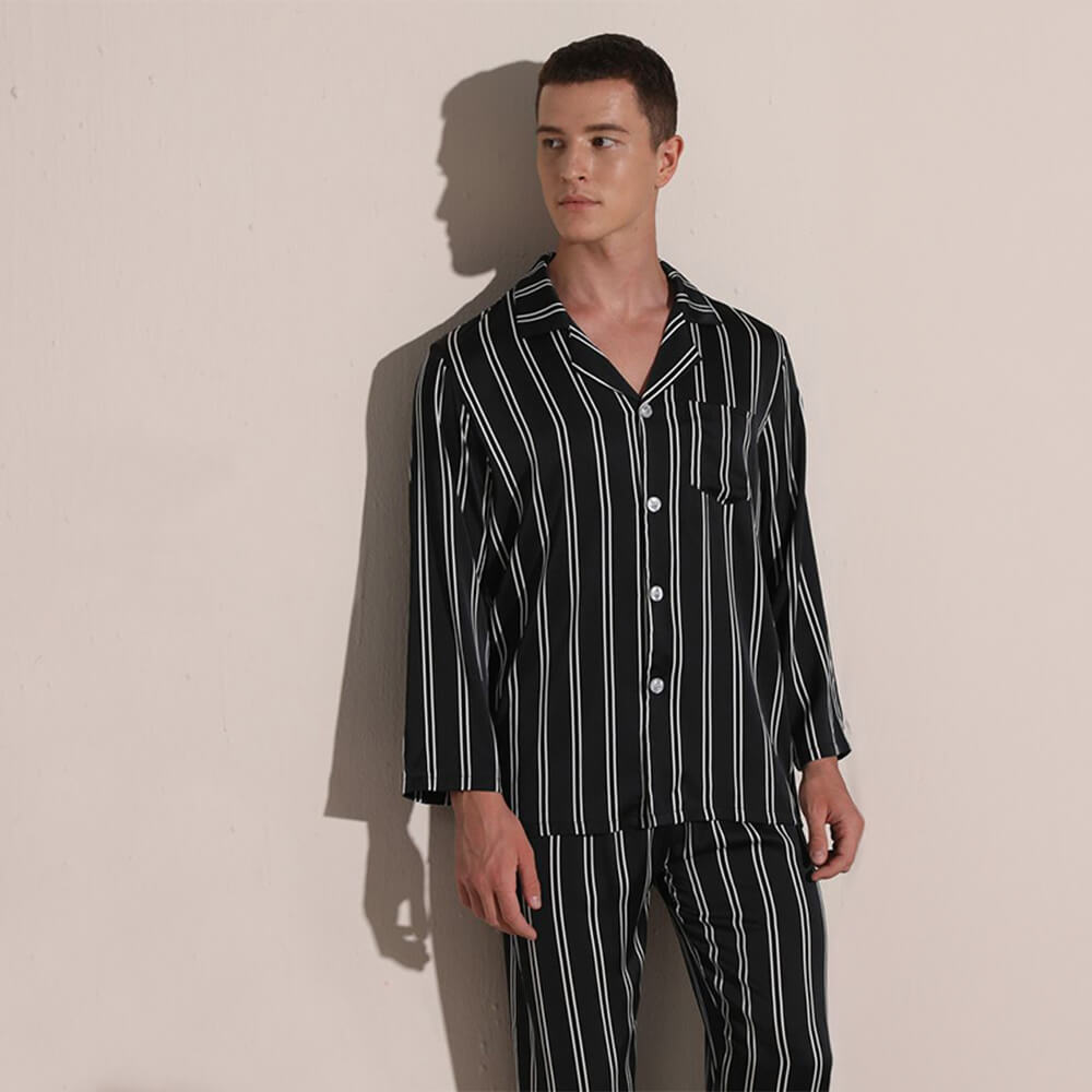 Striped Series Ice Silk Skin-Friendly Long Sleeve Couples Pajama Set