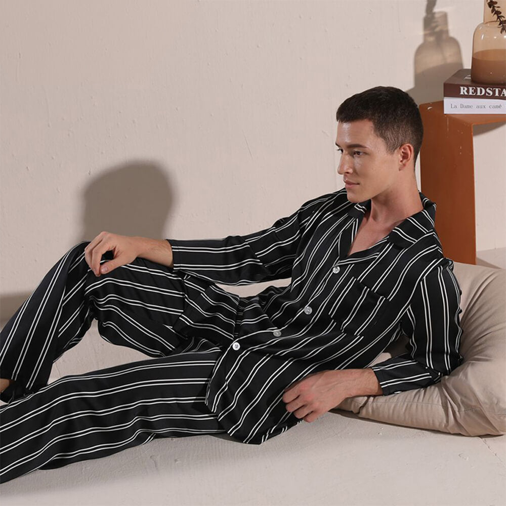 Striped Series Ice Silk Skin-Friendly Long Sleeve Couples Pajama Set