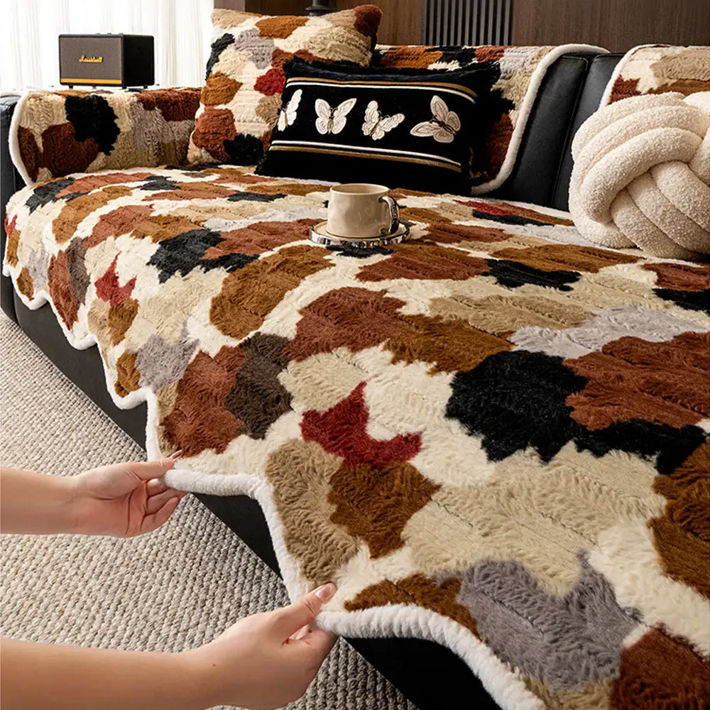 Stylish Color-Blocked Faux Rabbit Fur Soft Non-Slip Irregularly Shaped Couch Cover
