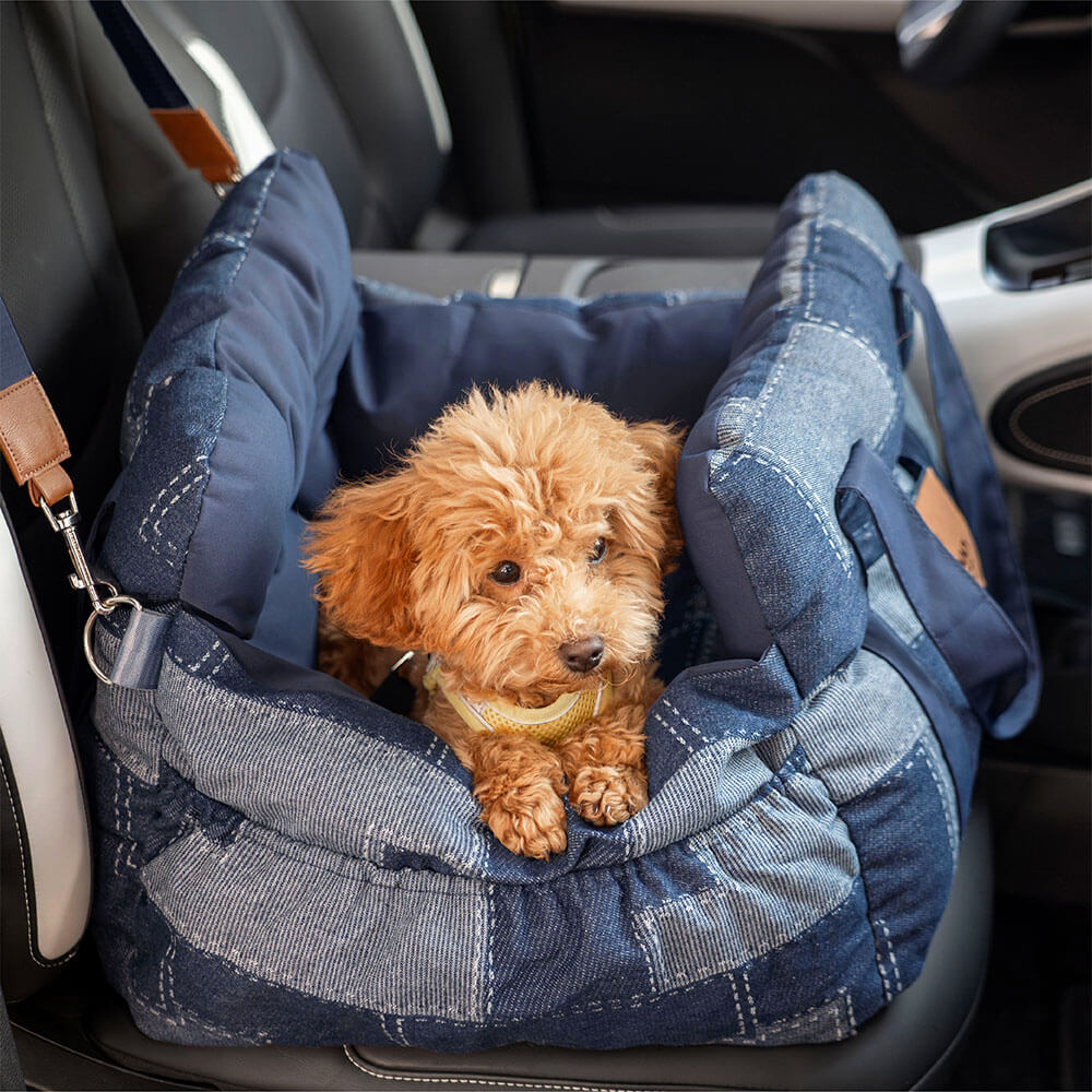 Cama para asiento de coche para perros con retazos de mezclilla vintage con refuerzo de seguridad para viajes