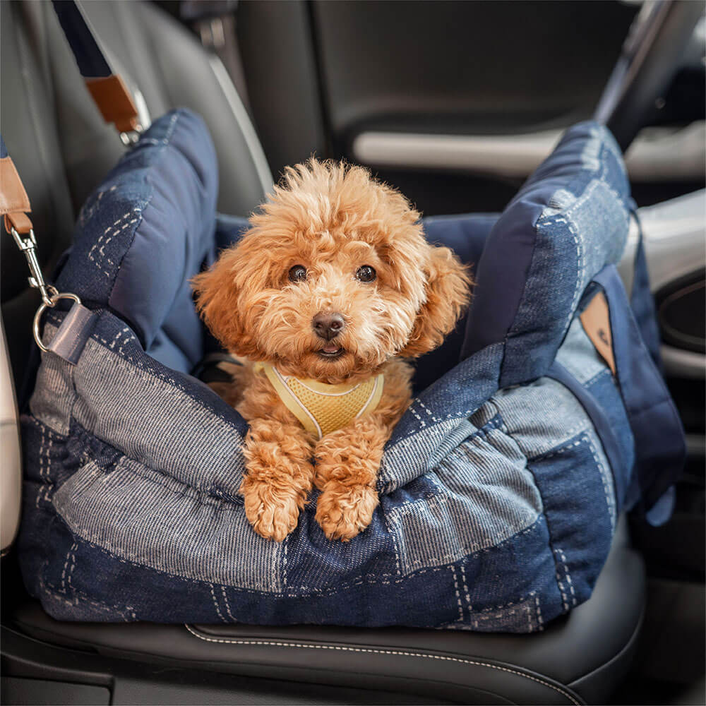 Travel Safety Bolster Vintage Denim Patchwork Dog Car Seat Bed