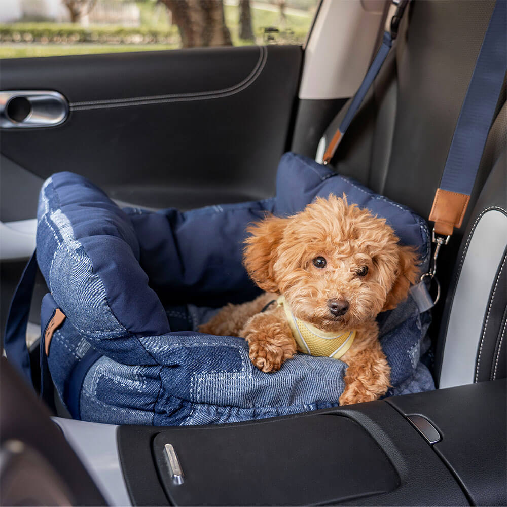 Cama para asiento de coche para perros con retazos de mezclilla vintage con refuerzo de seguridad para viajes