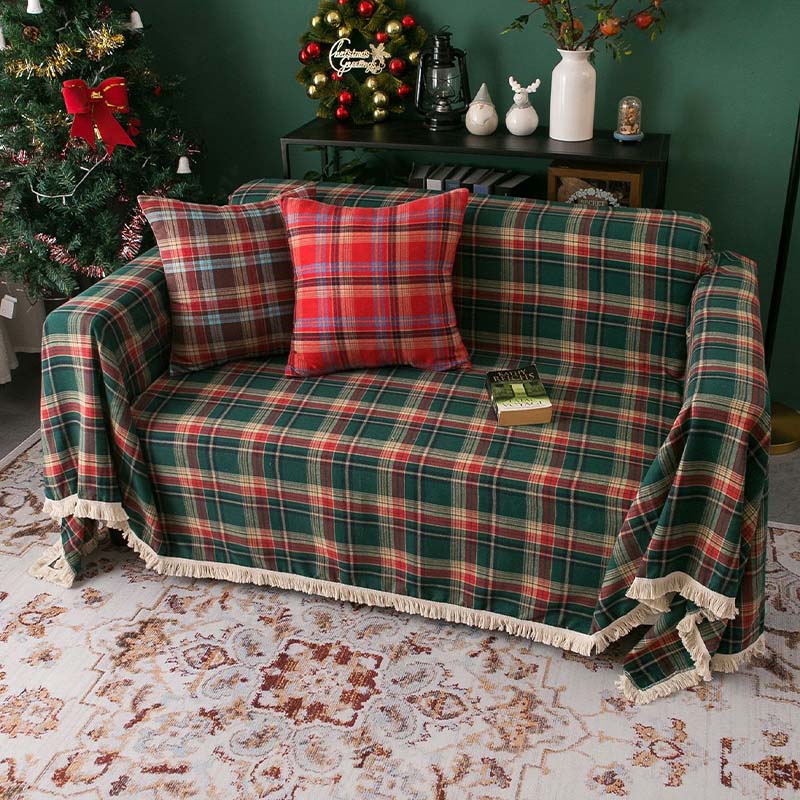 Karierte Decke im Vintage-Weihnachtsstil, komplett umwickelter Couchbezug