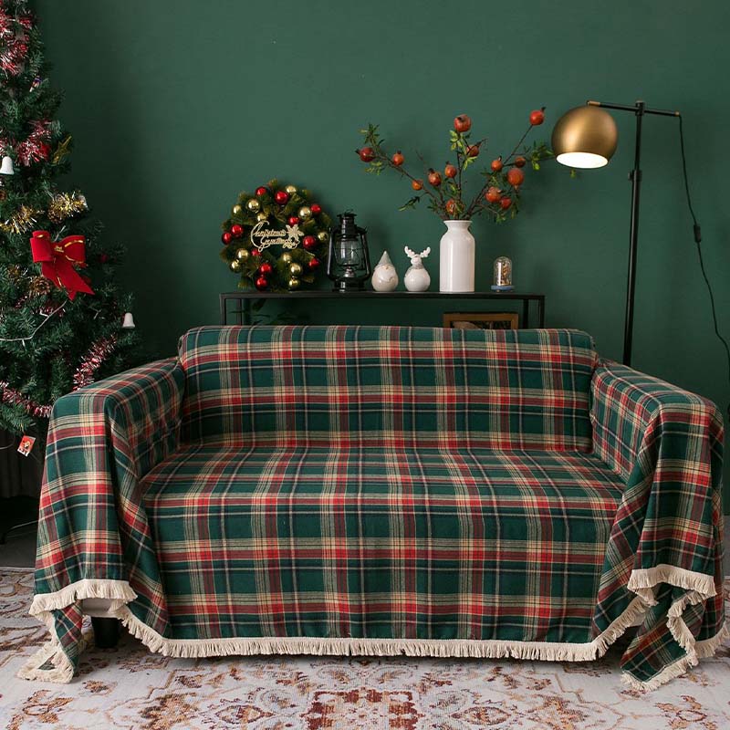 Vintage Christmas Style Plaid Blanket Full Wrap Couch Cover