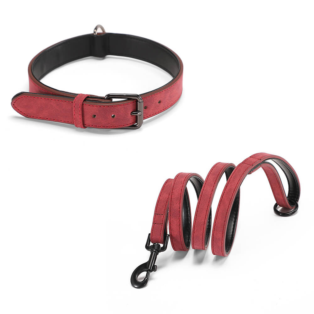 Vintage Faux Leather Soft Neck Protector Dog Collar Leash Set