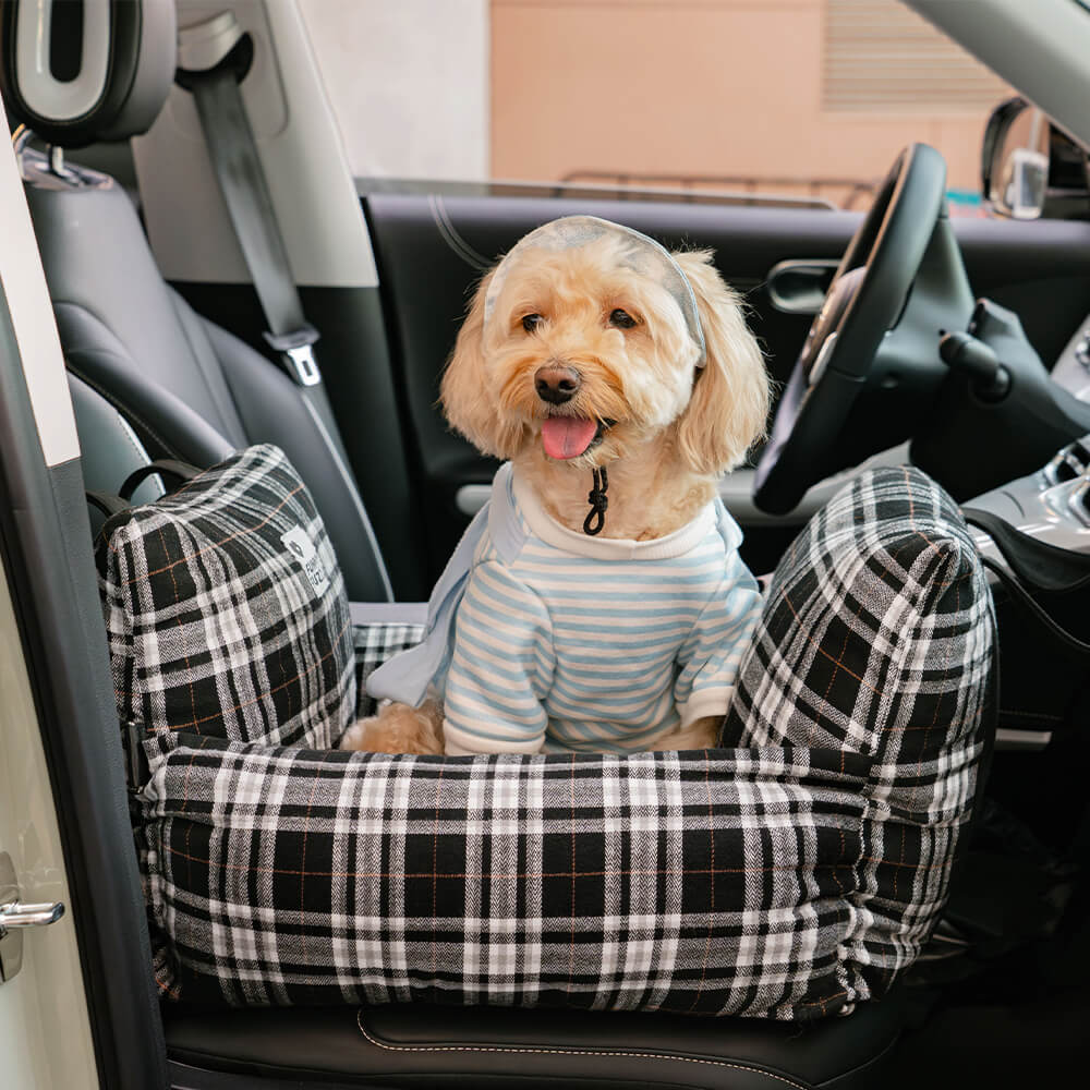 Cama con asiento de coche para perros de seguridad de viaje a cuadros vintage