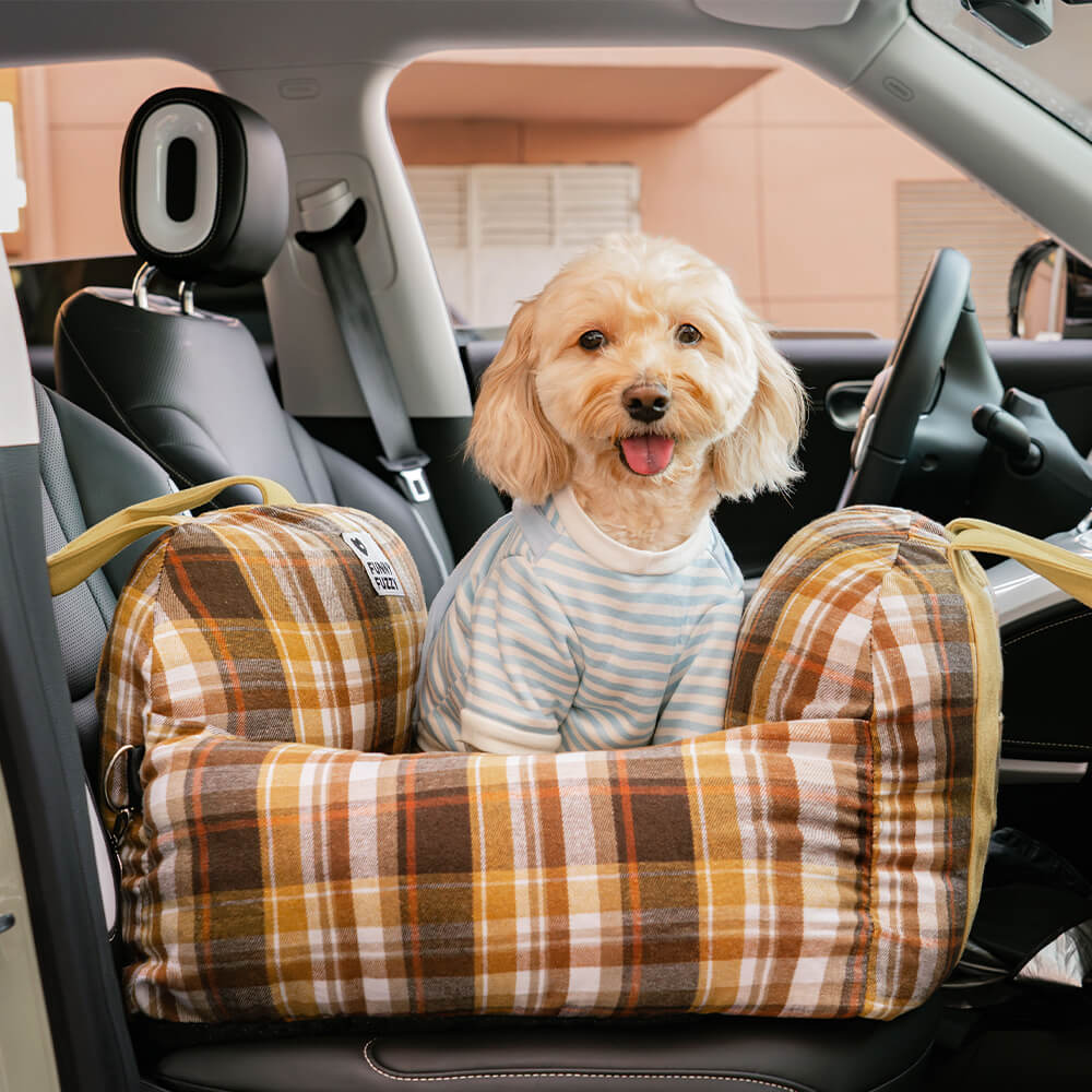 Cama con asiento de coche para perros de seguridad de viaje a cuadros vintage