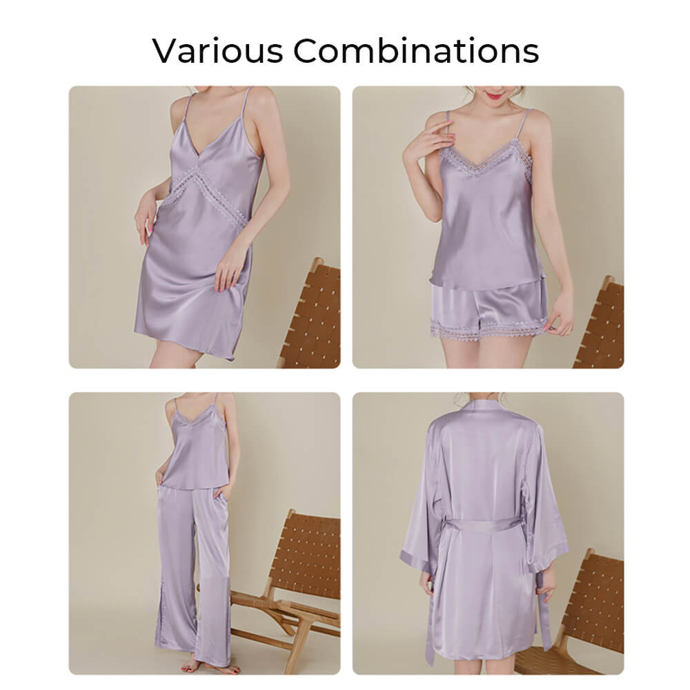 Women's Silk Satin Pajamas Set Cami Nightwear with Robe