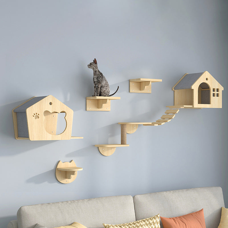 Wooden Cat Furniture Wall-Mounted Cat Climber Shelves with Condo Set